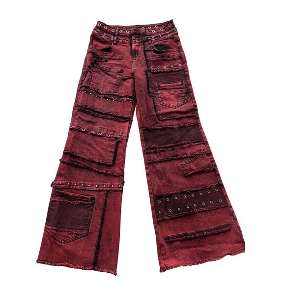 Y2K Red Distressed Wide Leg Cargo Denim Pants Grunge Size L - Picture 5 of 6